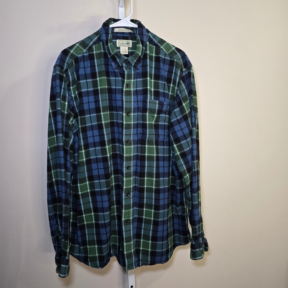 LL Bean Mens Flannel Shirt Size L Regular Blue Green Plaid‎ Button Down Cotton
